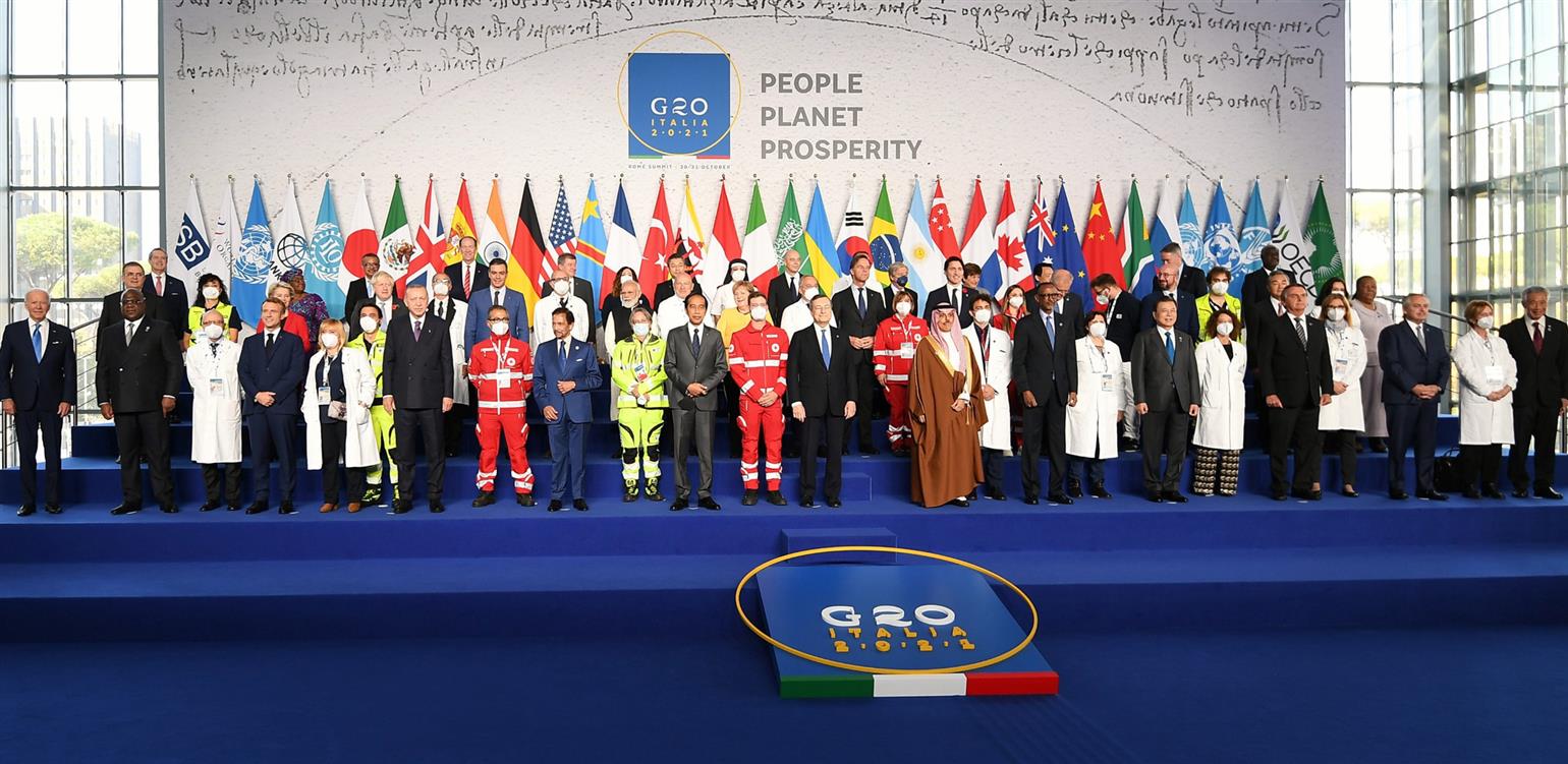 The Prime Minister, Shri Narendra Modi with the other G-20 leaders during a family photo at the G-20 Summit, in Rome, Italy.