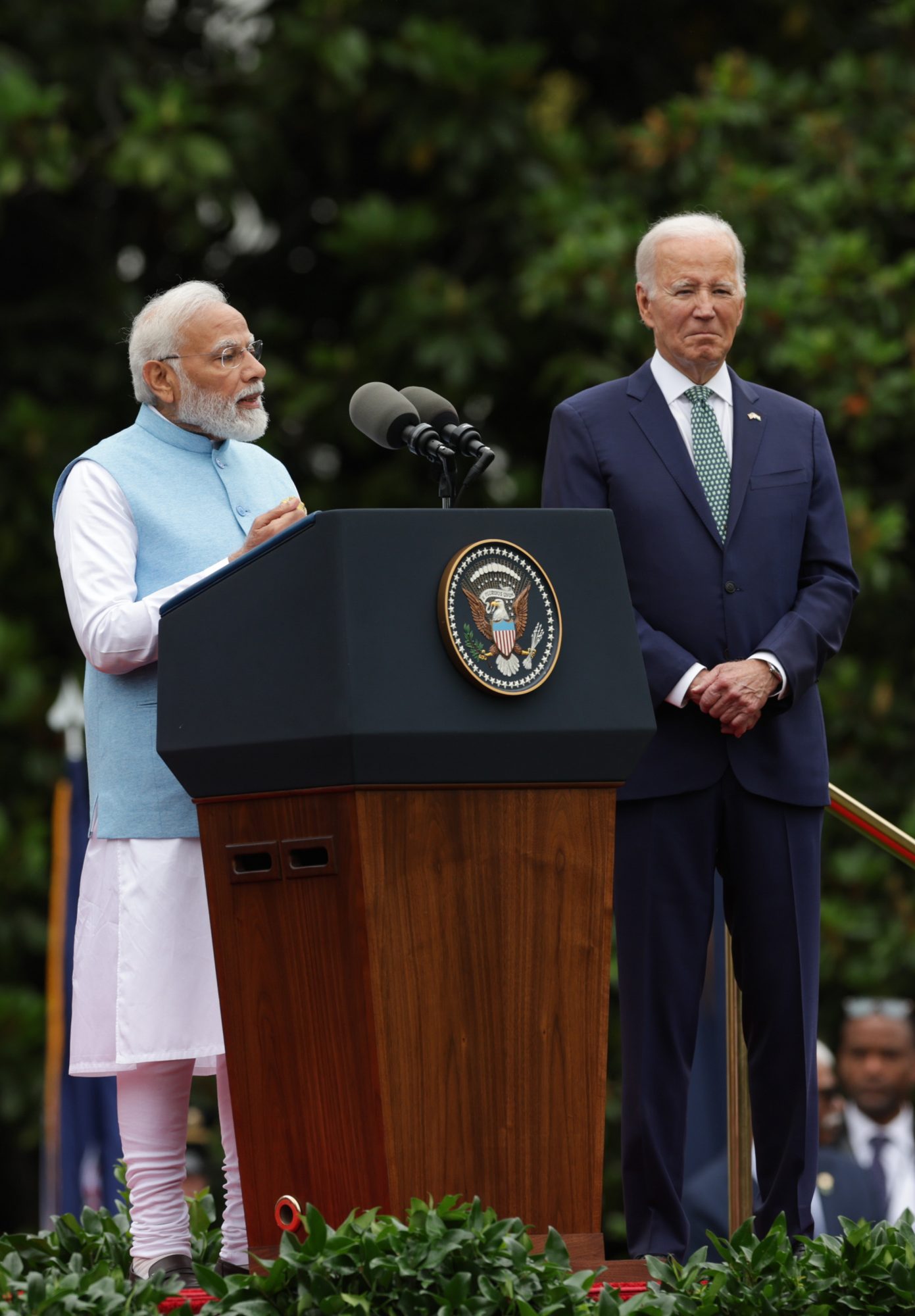 PM addressing the gathering at White House Arrival Ceremony, in Washington, D.C. on June 22, 2023.