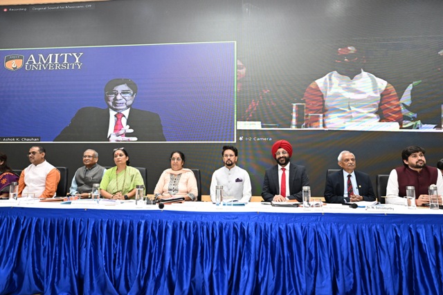 The Union Minister for Information & Broadcasting, Youth Affairs and Sports, Shri Anurag Singh Thakur attends the valedictory ceremony of ‘SRIJAN’ organised by the Youth Parliament Society at Amity Law School in Noida, Uttar Pradesh on September 27, 2023.